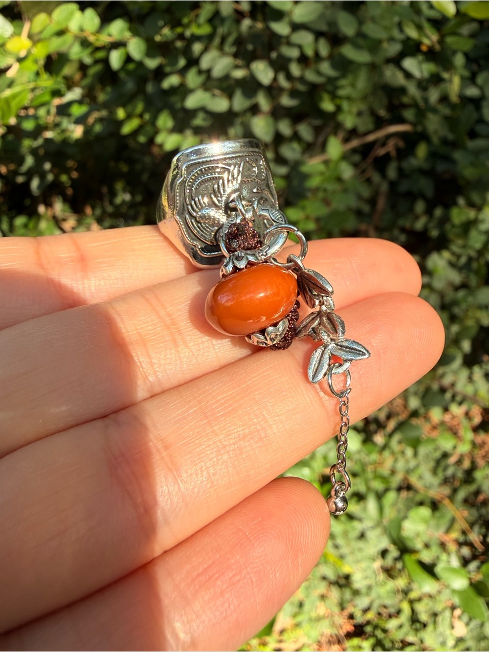 Silver Lion Signet Ring with Brown Bead Charm - Picture 7 of 7
